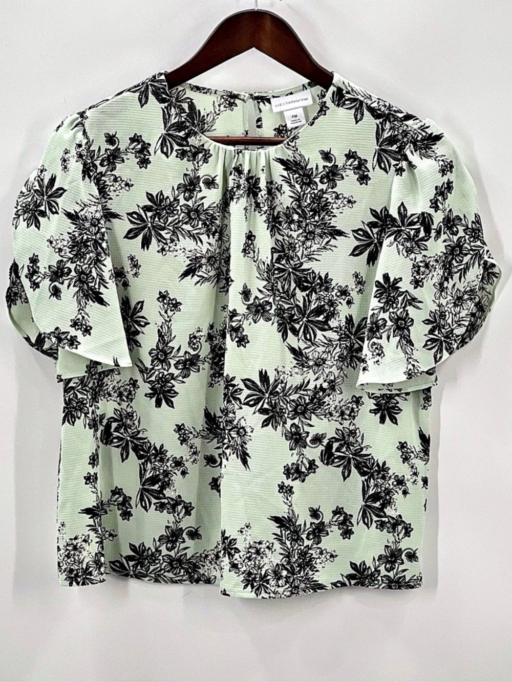 498 Liz Claiborne Floral Blouse in Green & Black Medium Like New